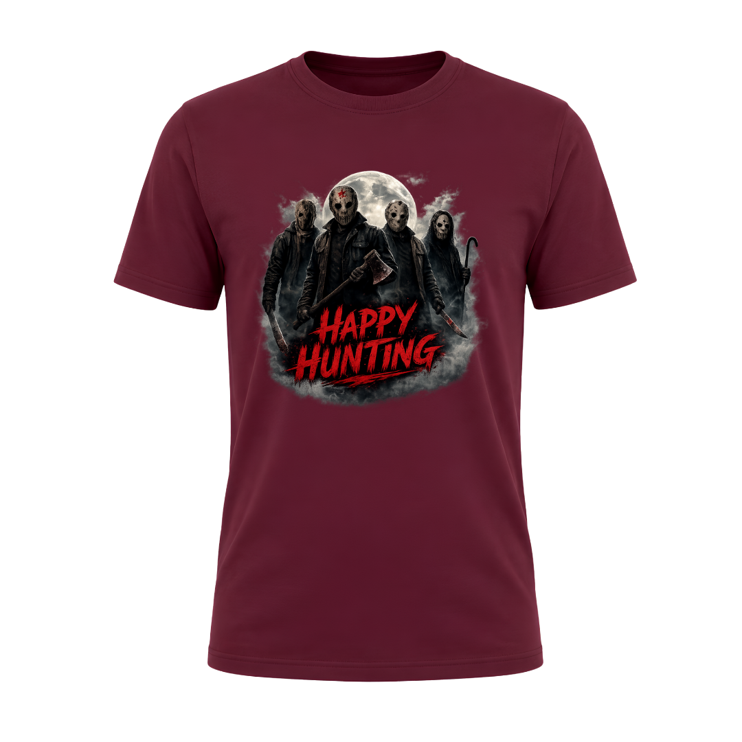 Maroon Happy Hunting adult graphic T shirt with cinematic horror artwork and a bold red seasonal message.