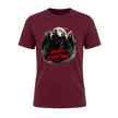 Maroon Happy Hunting adult graphic T shirt with cinematic horror artwork and a bold red seasonal message.