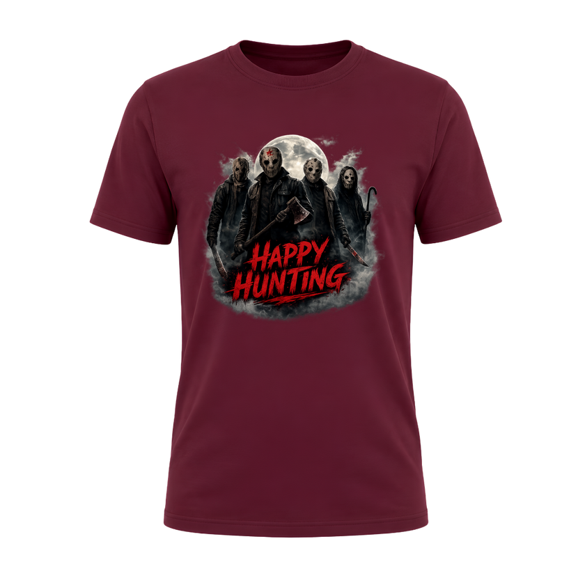 Maroon Happy Hunting adult graphic T shirt with cinematic horror artwork and a bold red seasonal message.
