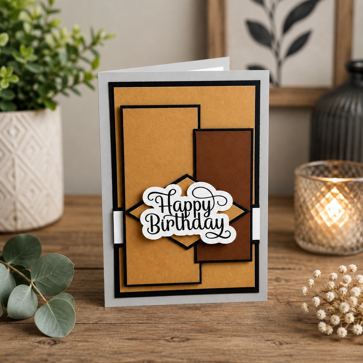 A handmade layered greeting card with a 'Happy Birthday' die-cut label, displayed on a wooden tabletop with decorative plants and a lit candle in the background.