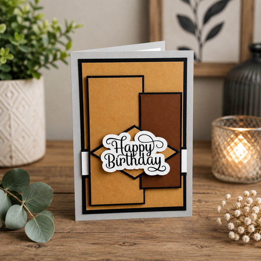 A handmade layered greeting card with a 'Happy Birthday' die-cut label, displayed on a wooden tabletop with decorative plants and a lit candle in the background.