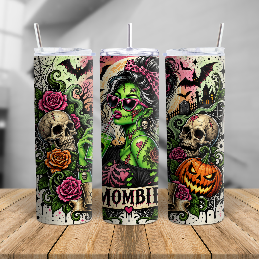 20oz Mombie Halloween tumbler featuring a green spooky mom character, pink sunglasses, pumpkin, skulls and gothic Halloween artwork.