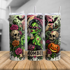 20oz Mombie Halloween tumbler featuring a green spooky mom character, pink sunglasses, pumpkin, skulls and gothic Halloween artwork.