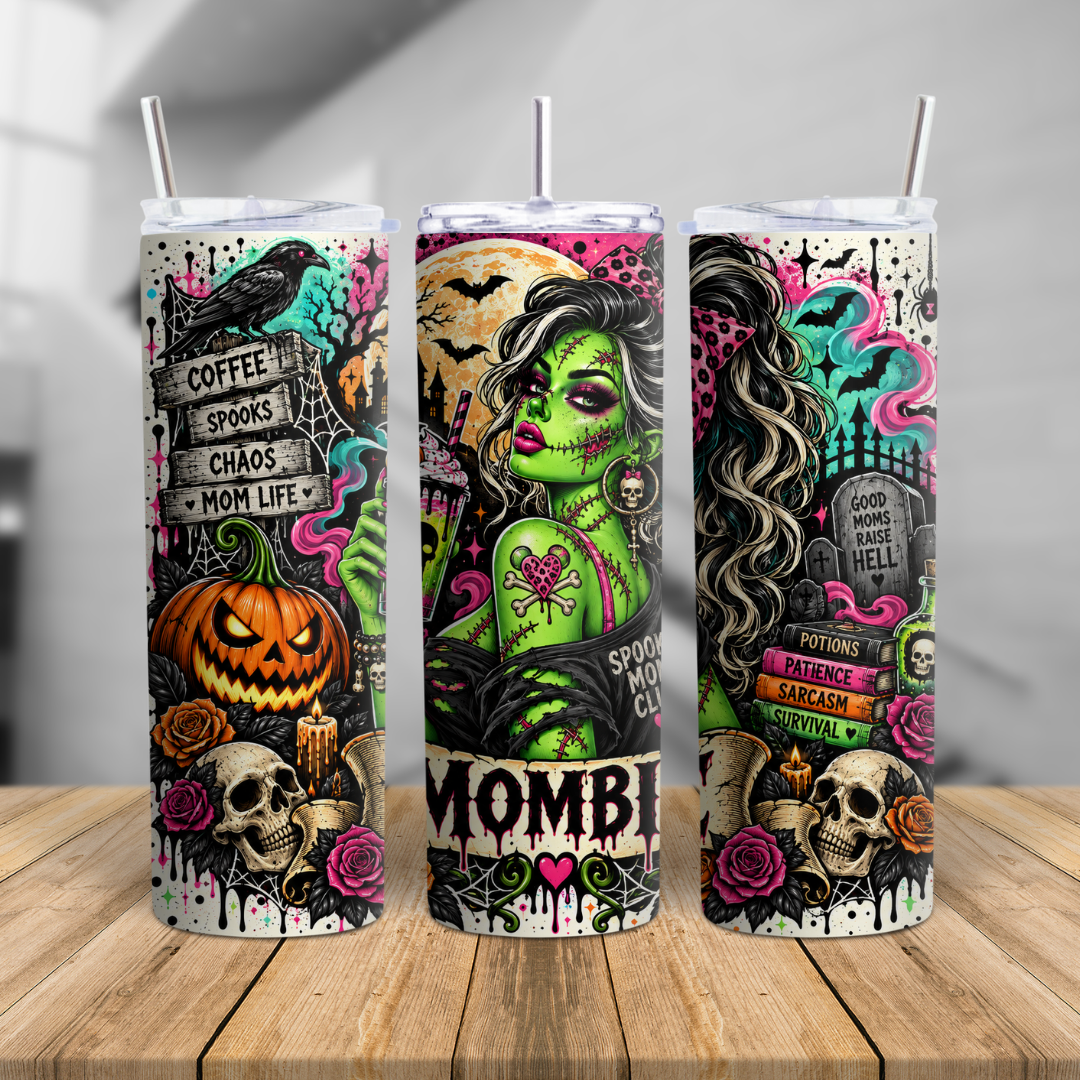 30oz Mombie Halloween tumbler with green zombie mom design, pink bow, bats, roses, pumpkin and colourful spooky season details.