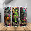 30oz Mombie Halloween tumbler with green zombie mom design, pink bow, bats, roses, pumpkin and colourful spooky season details.