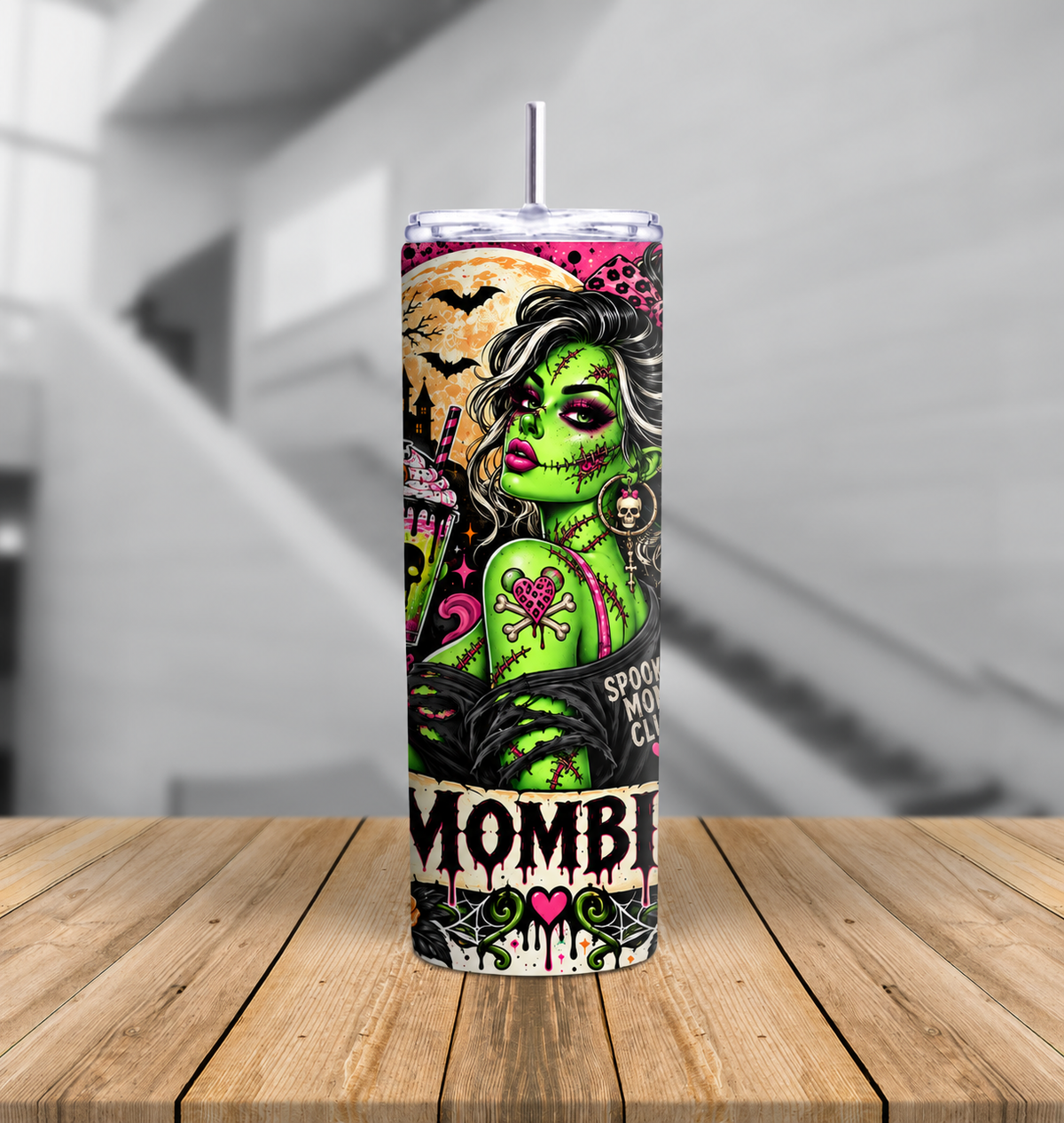 Two variation Mombie Halloween tumbler collection featuring green zombie mom characters, skulls, pumpkins, roses, bats and gothic artwork.