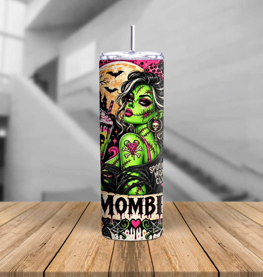Two variation Mombie Halloween tumbler collection featuring green zombie mom characters, skulls, pumpkins, roses, bats and gothic artwork.