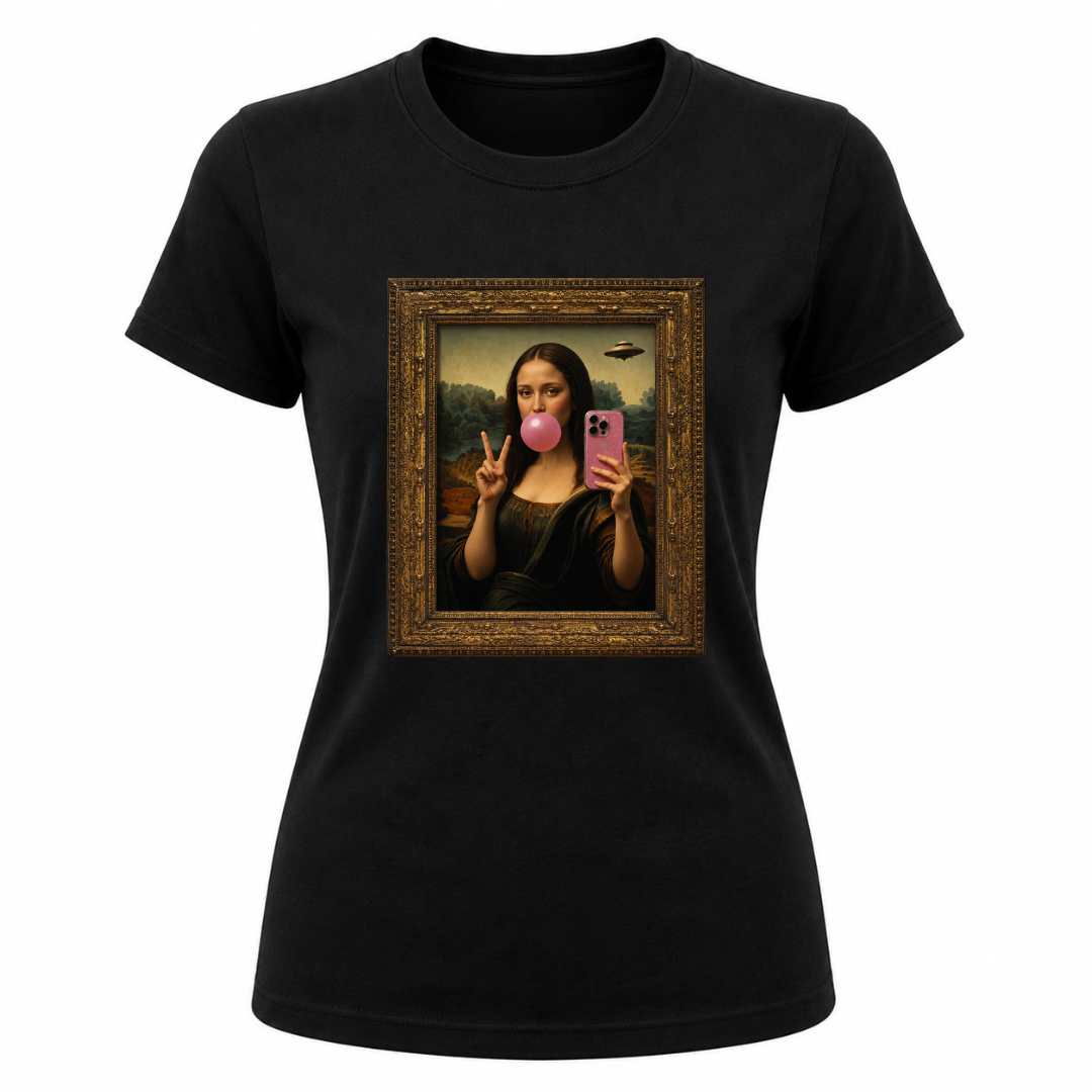 Black women’s graphic t shirt featuring Mona Lisa taking a selfie while blowing bubble gum
