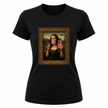 Black women’s graphic t shirt featuring Mona Lisa taking a selfie while blowing bubble gum