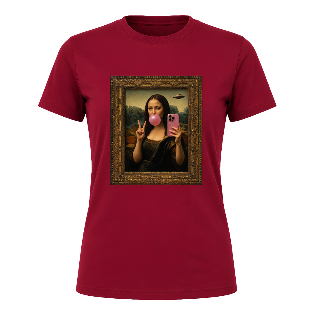 Cardinal red women's statement t shirt with trendy Mona Lisa bubble gum graphic