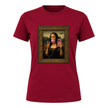 Cardinal red women's statement t shirt with trendy Mona Lisa bubble gum graphic
