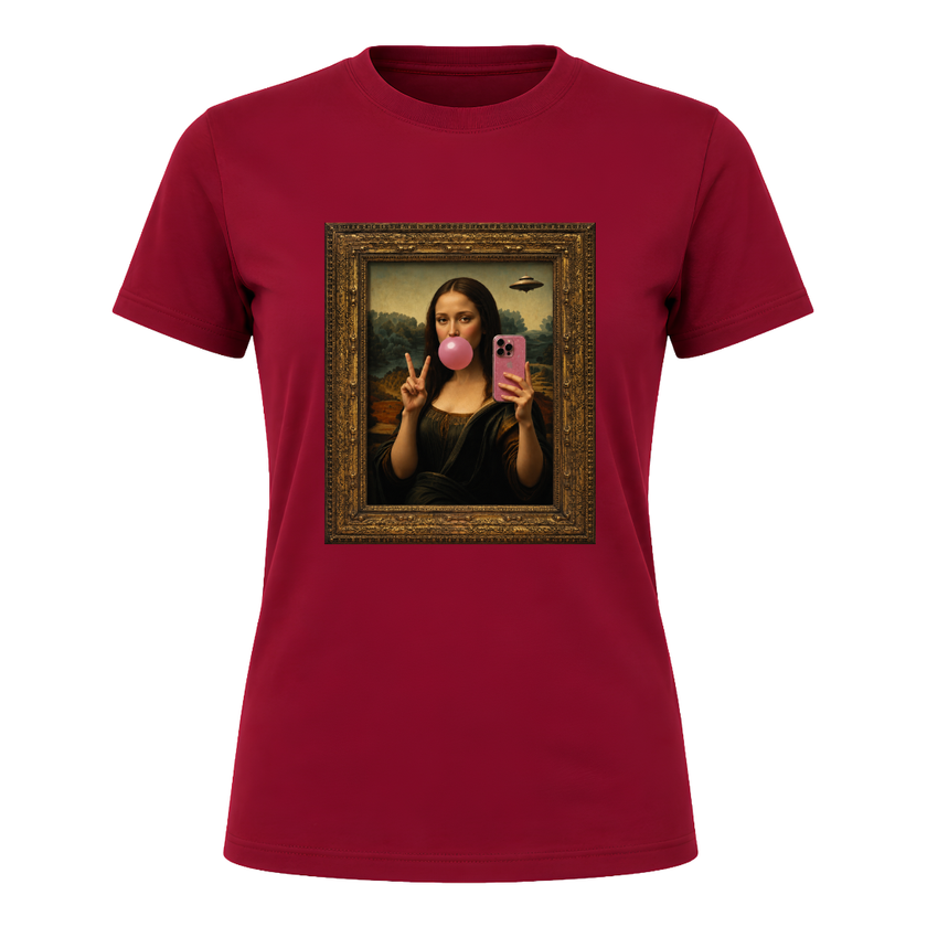 Cardinal red women's statement t shirt with trendy Mona Lisa bubble gum graphic