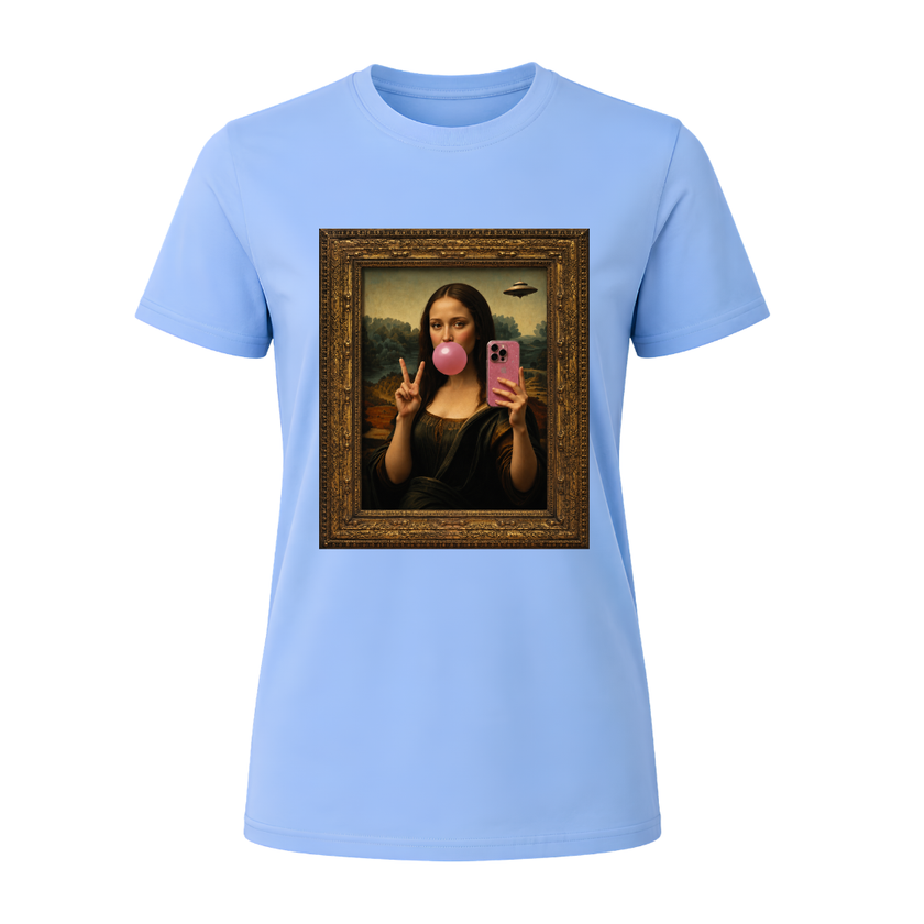 Carolina blue women's casual fashion tee featuring modern art selfie illustration