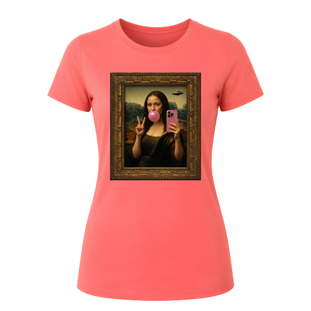 Coral silk women's graphic t shirt with artistic Mona Lisa bubble gum portrait
