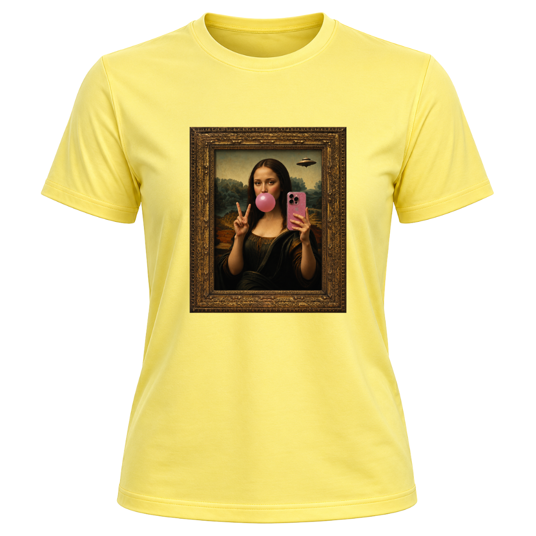Corn silk women's novelty t shirt featuring funny selfie inspired Mona Lisa artwork