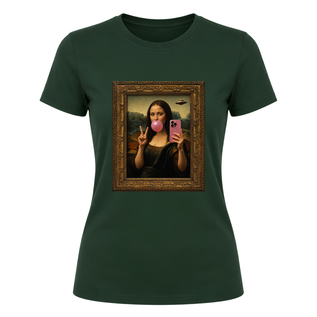 Forest green women's graphic tee displaying unique Mona Lisa bubble gum design