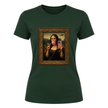 Forest green women's graphic tee displaying unique Mona Lisa bubble gum design