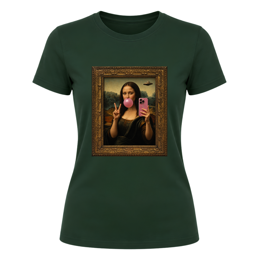 Forest green women's graphic tee displaying unique Mona Lisa bubble gum design