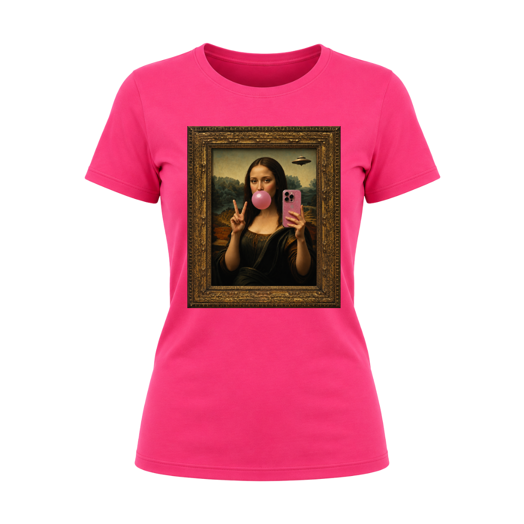 Heliconia women's graphic apparel with trendy Mona Lisa selfie art print
