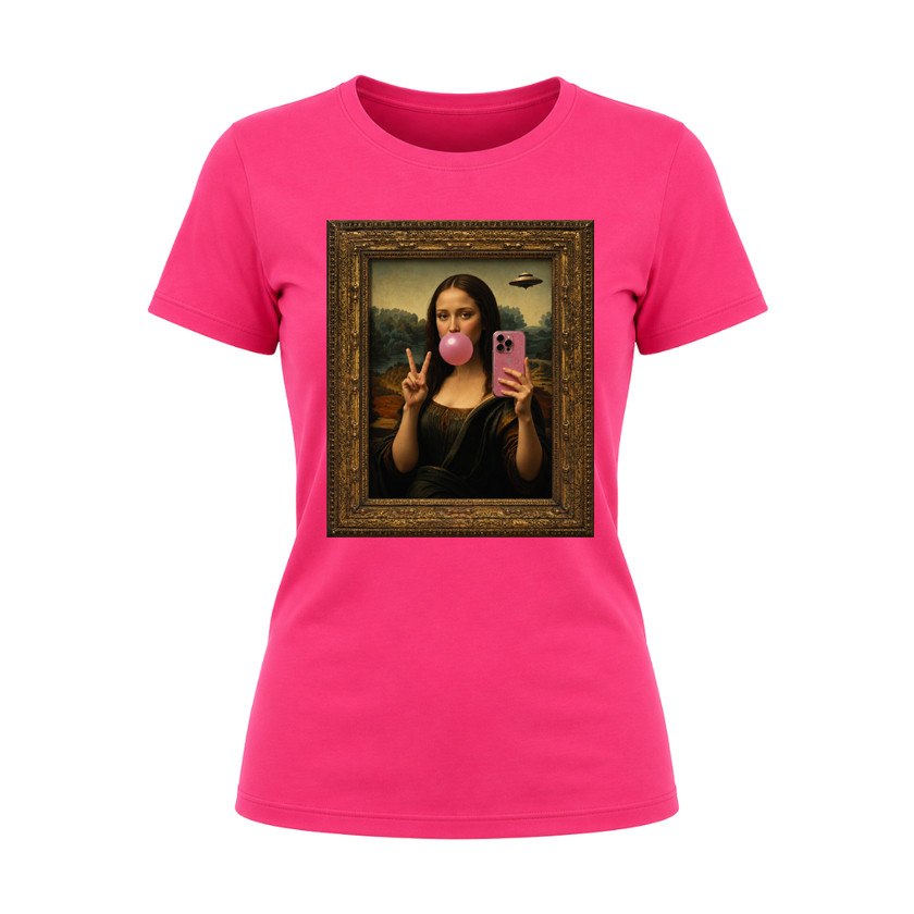 Heliconia women's graphic apparel with trendy Mona Lisa selfie art print