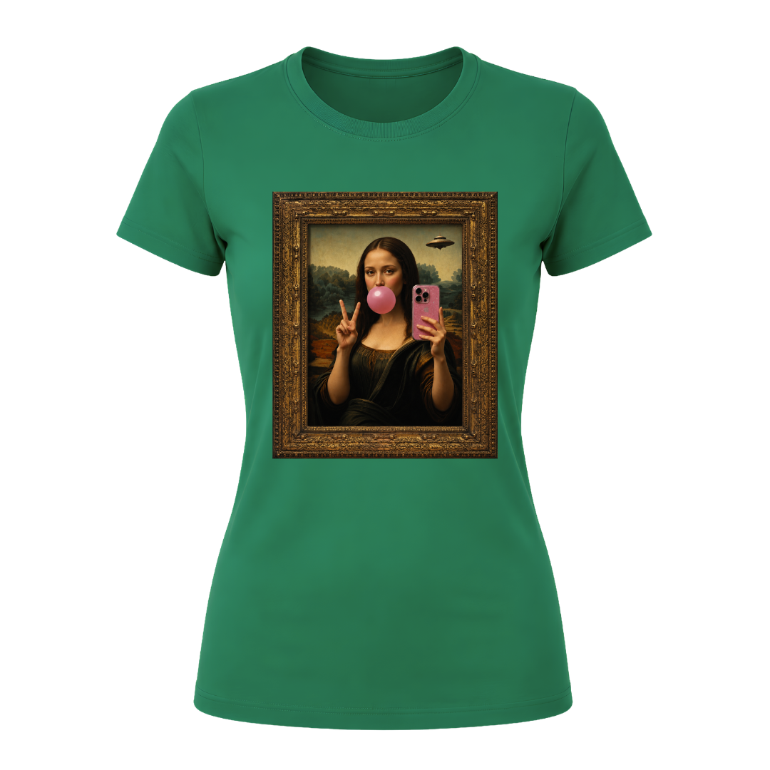 Irish green women’s graphic tee with funny art inspired selfie design