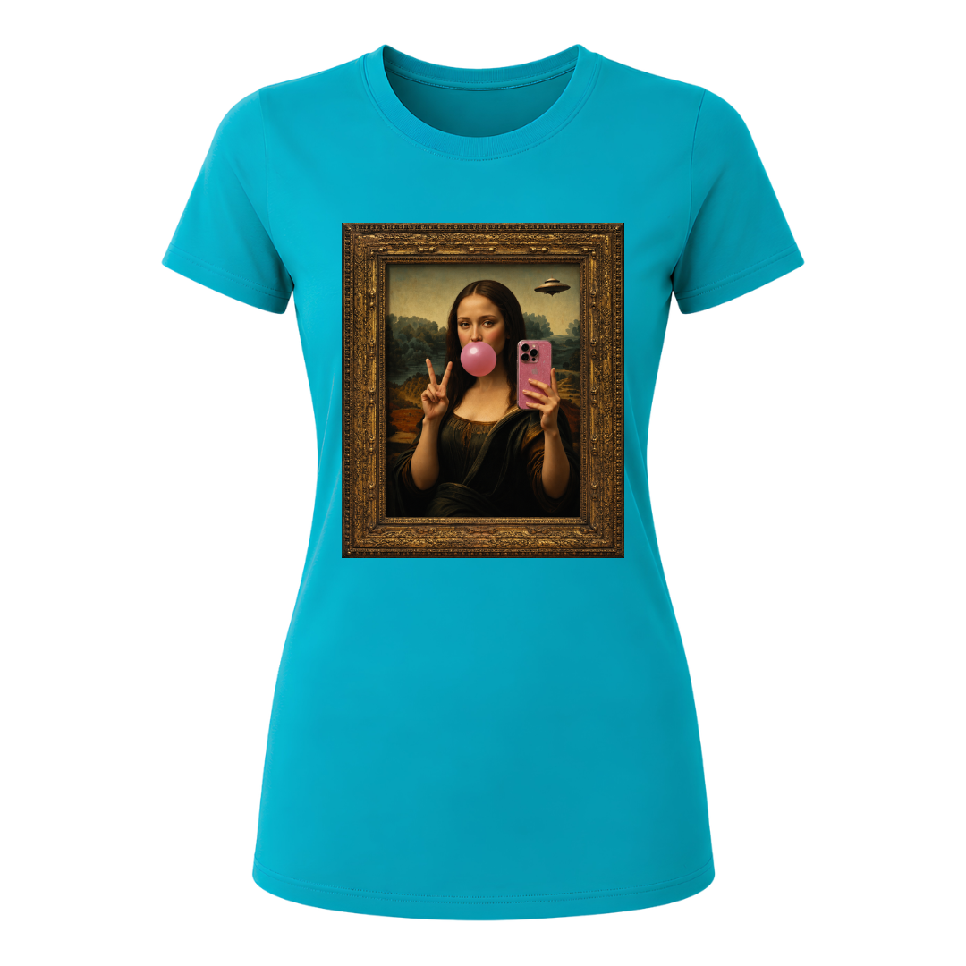 Jade dome women's casual t shirt featuring artistic Mona Lisa taking a smartphone selfie