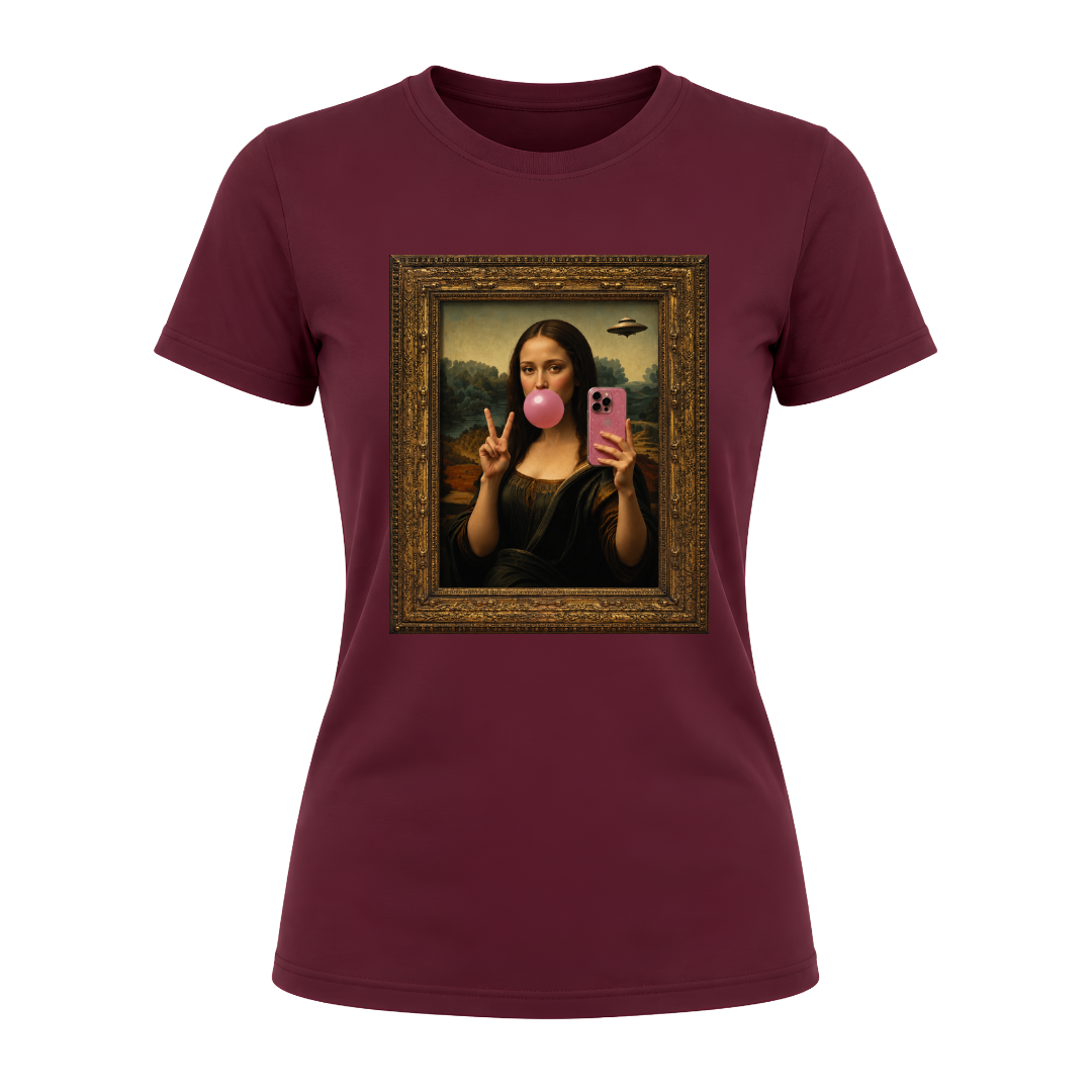 Maroon women's graphic fashion tee with humorous bubble gum Mona Lisa artwork