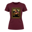 Maroon women's graphic fashion tee with humorous bubble gum Mona Lisa artwork