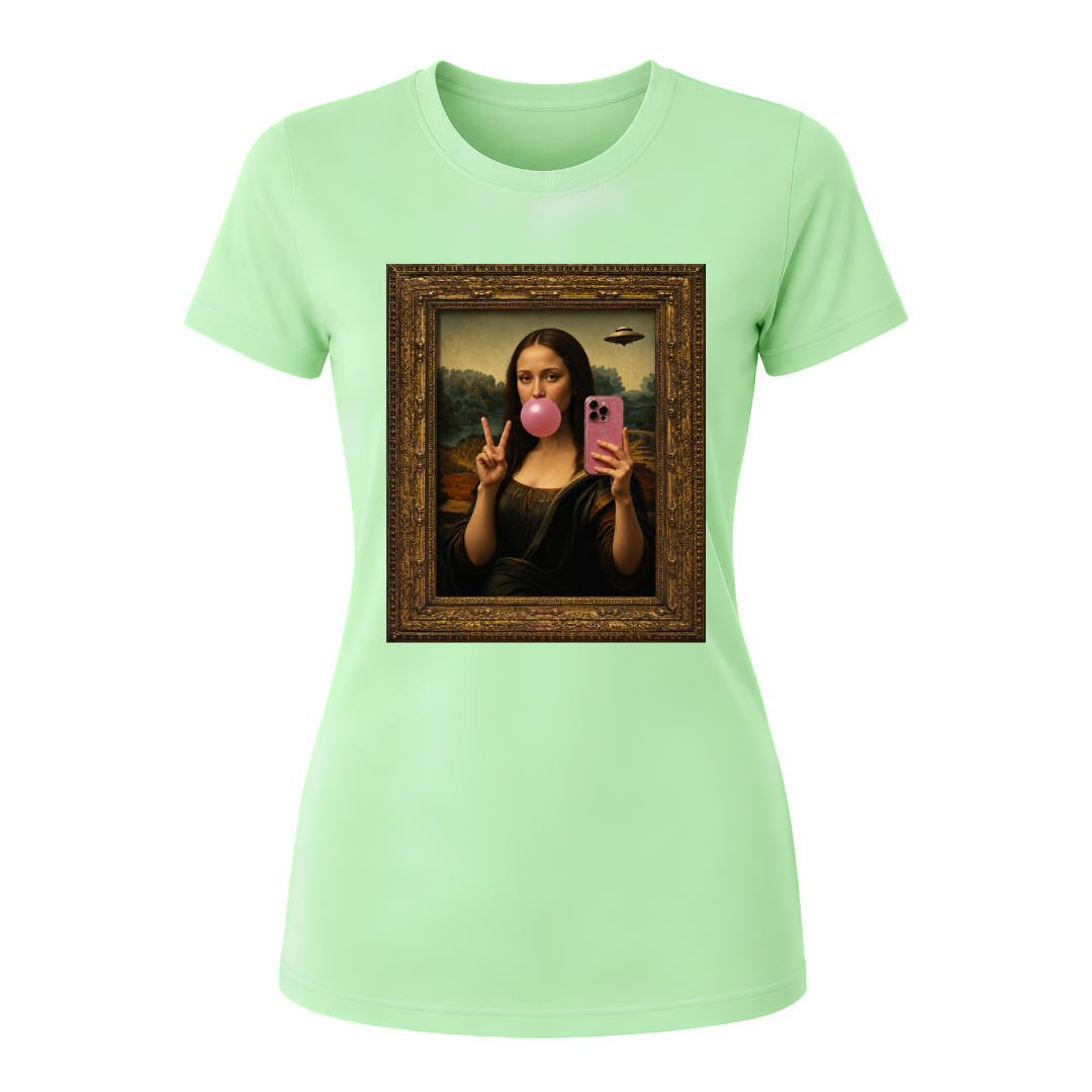 Mint green women's casual fashion shirt with Mona Lisa bubble gum portrait graphic