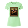 Mint green women's casual fashion shirt with Mona Lisa bubble gum portrait graphic
