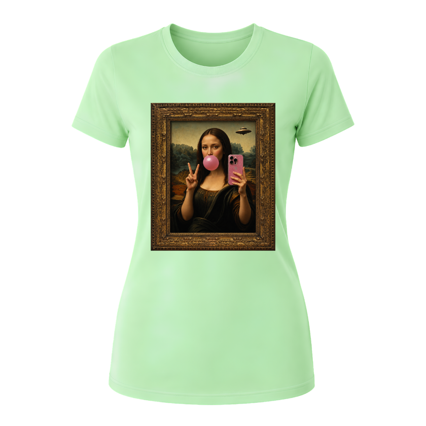 Mint green women's casual fashion shirt with Mona Lisa bubble gum portrait graphic
