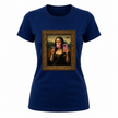 Navy blue women’s casual t shirt with humorous Mona Lisa phone selfie illustration