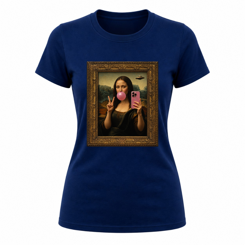 Navy blue women’s casual t shirt with humorous Mona Lisa phone selfie illustration