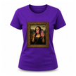 Purple women’s fashion tee showcasing Mona Lisa blowing bubble gum and taking a selfie