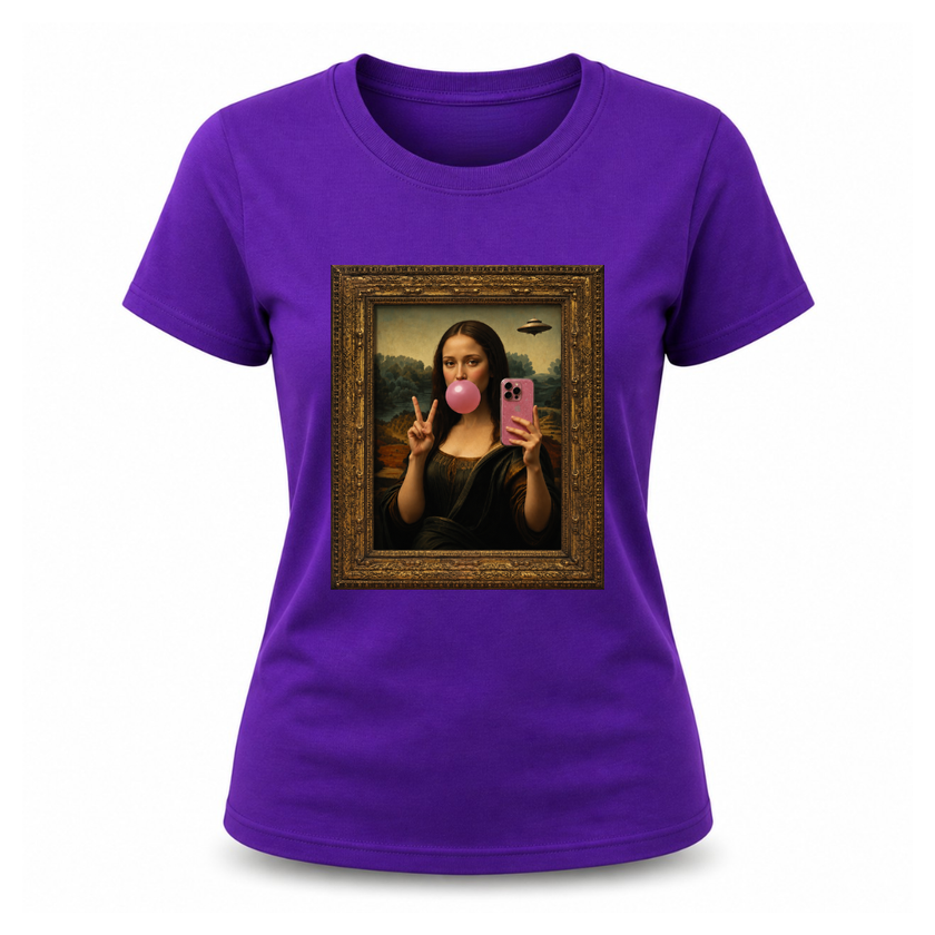 Purple women’s fashion tee showcasing Mona Lisa blowing bubble gum and taking a selfie