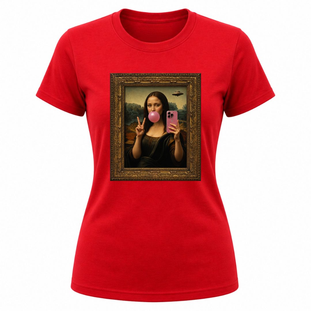 Red women's graphic apparel featuring playful Mona Lisa art inspired design