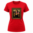Red women's graphic apparel featuring playful Mona Lisa art inspired design