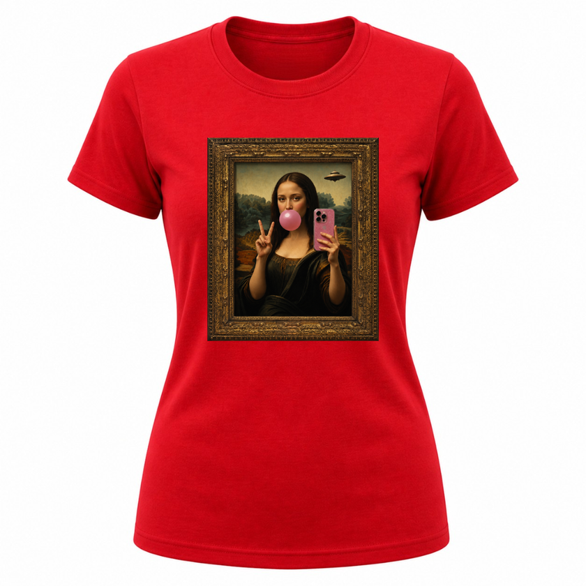 Red women's graphic apparel featuring playful Mona Lisa art inspired design