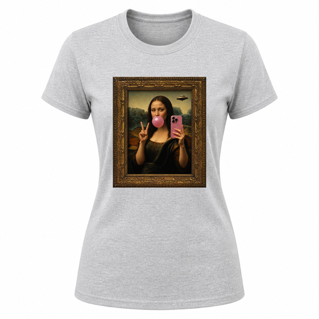 Sport grey women's graphic tee featuring modern Mona Lisa bubble gum artwork