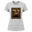 Sport grey women's graphic tee featuring modern Mona Lisa bubble gum artwork