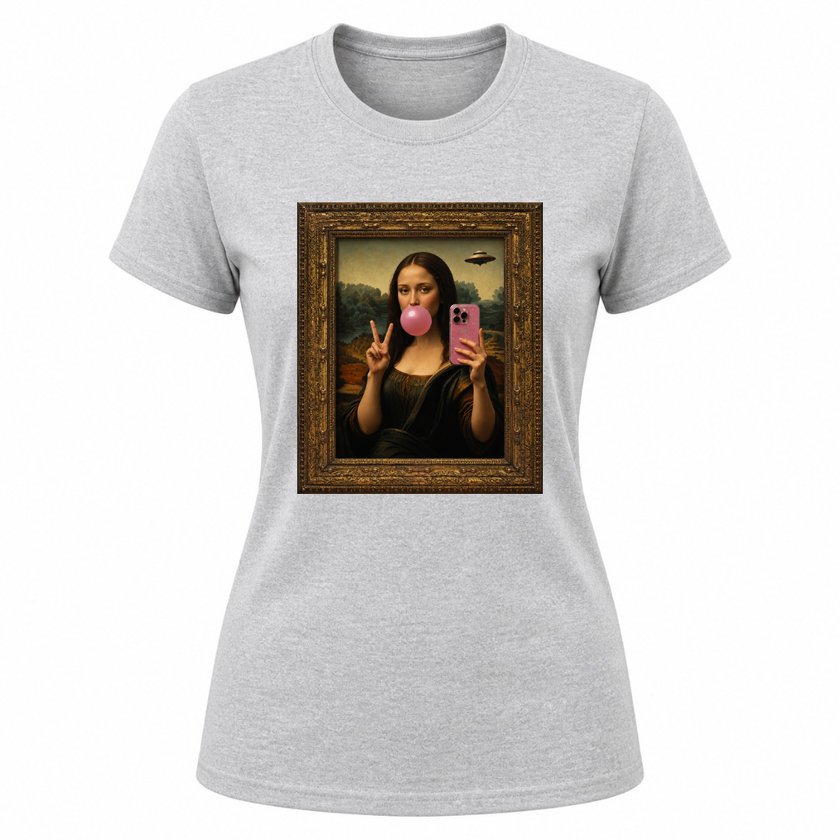 Sport grey women's graphic tee featuring modern Mona Lisa bubble gum artwork