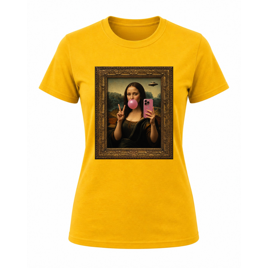 Yellow women’s statement t shirt featuring modern reinterpretation of Mona Lisa
