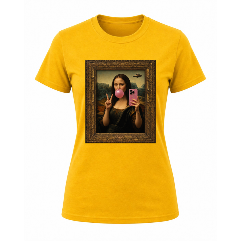 Yellow women’s statement t shirt featuring modern reinterpretation of Mona Lisa