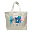 Natural canvas style nurse tote bag with medical themed artwork, heartbeat line, flowers, scrubs, stethoscope, and nurse text.