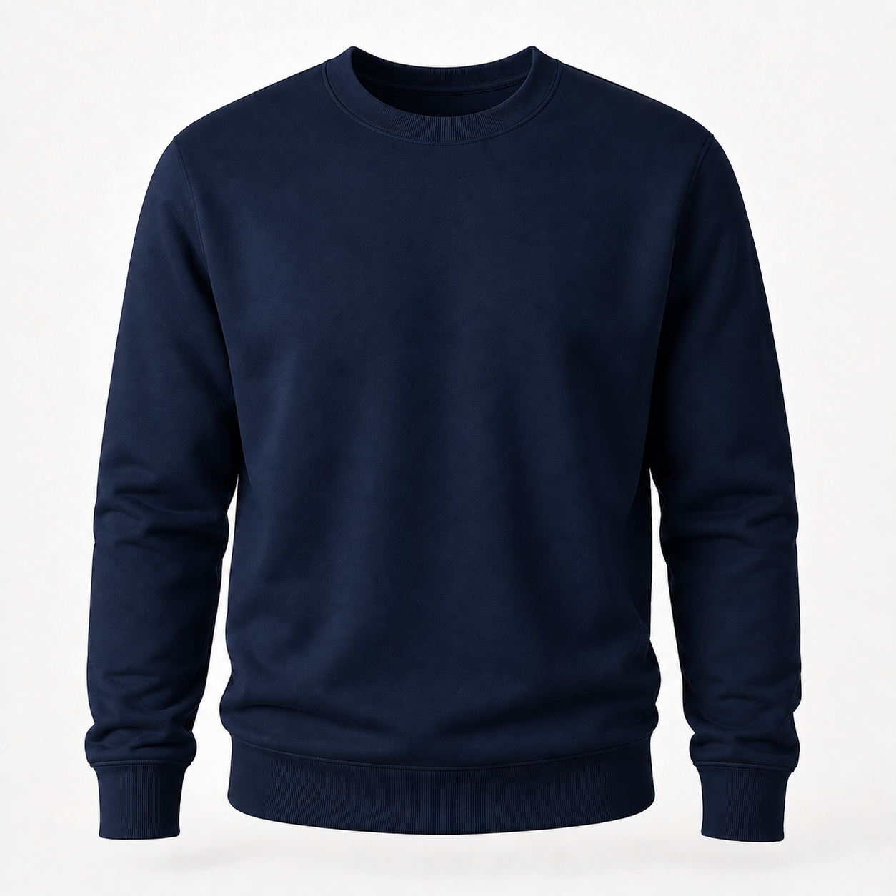 A dark navy blue crewneck sweatshirt with long sleeves and ribbed cuffs and hem, shown against a plain white background.