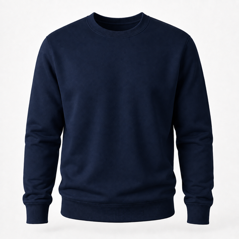 A dark navy blue crewneck sweatshirt with long sleeves and ribbed cuffs and hem, shown against a plain white background.