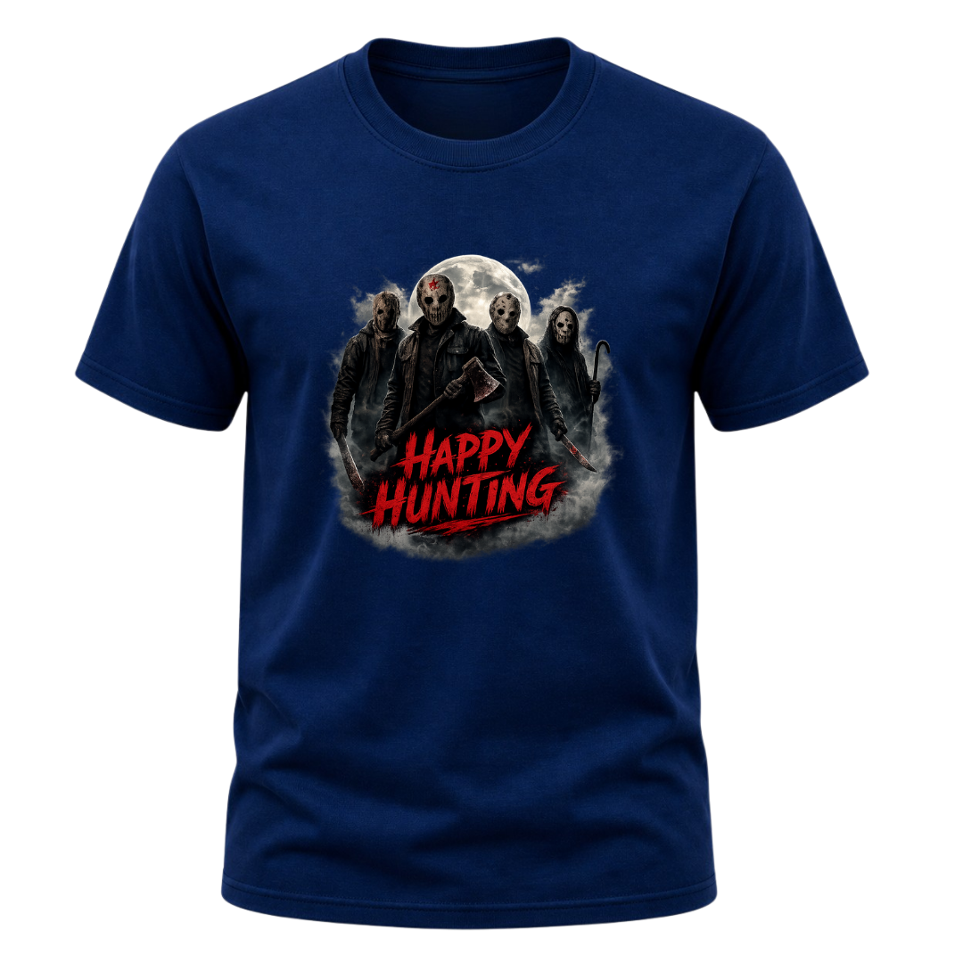 Navy adult Halloween T shirt displaying masked horror figures beneath a full moon with dark smoke and red Happy Hunting text.