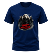 Navy adult Halloween T shirt displaying masked horror figures beneath a full moon with dark smoke and red Happy Hunting text.