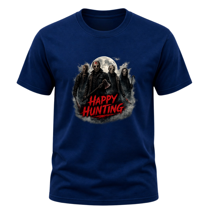 Navy adult Halloween T shirt displaying masked horror figures beneath a full moon with dark smoke and red Happy Hunting text.