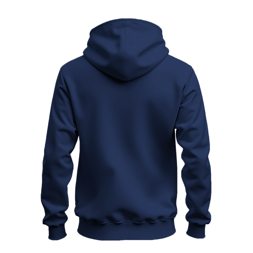 A navy blue pullover hoodie shown from the back, displayed on a clean white background.